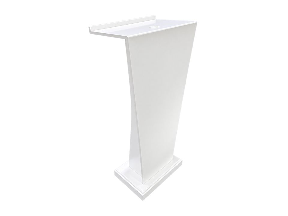 Gloss white lectern with a curved front panel and a reading shelf, on a square base